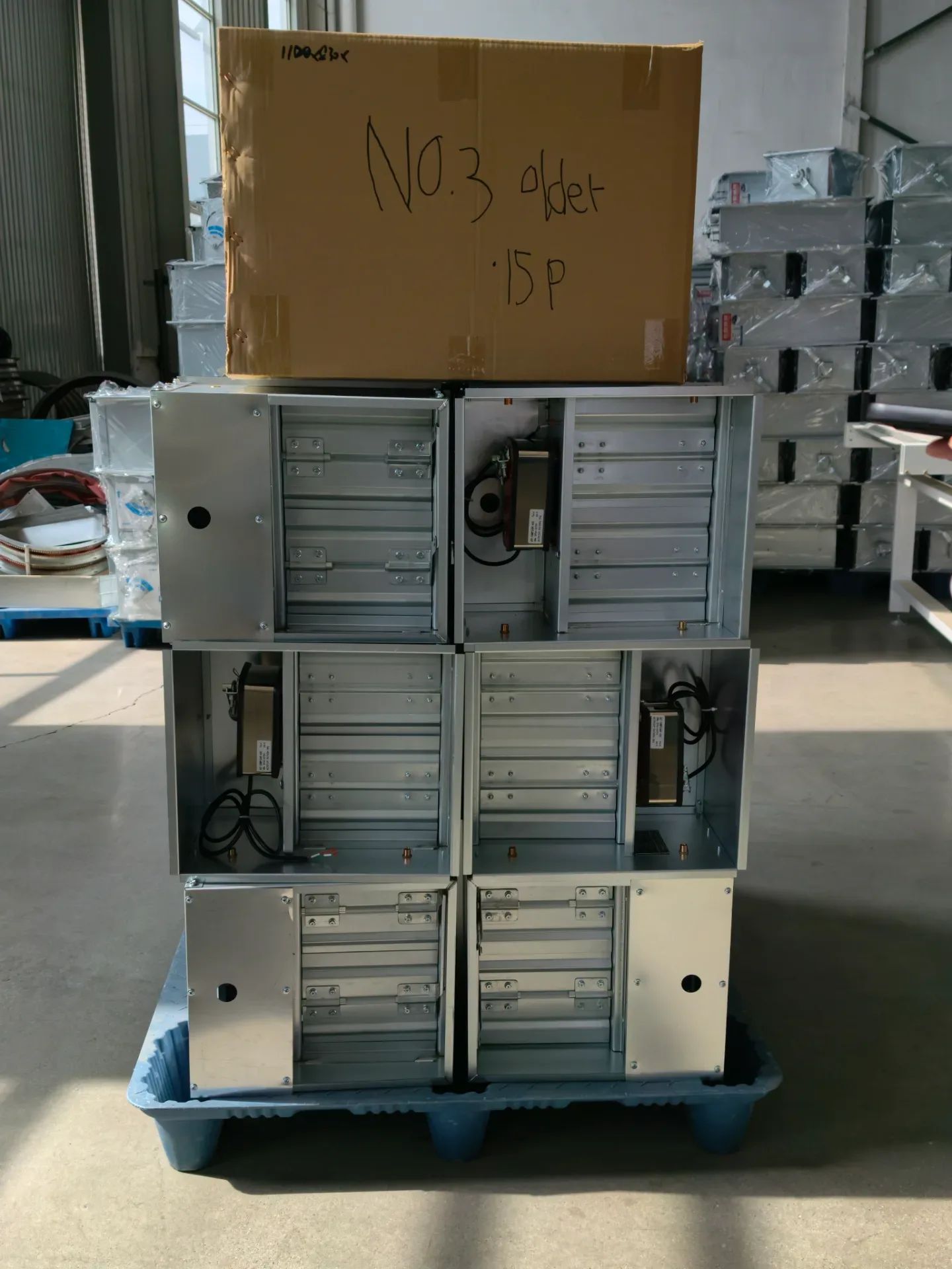 Fire dampers, pressure relief valves, ready for shipment to Georgia.